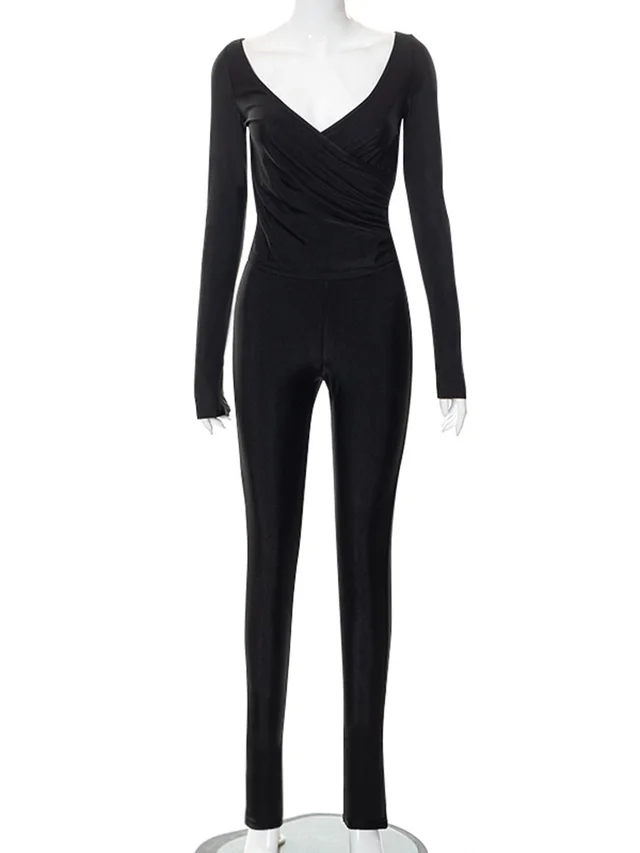 New Solid Color And V neck Finger Fit Design Long sleeved Trousers Casual Suit Women Black - Shop at LoveMi