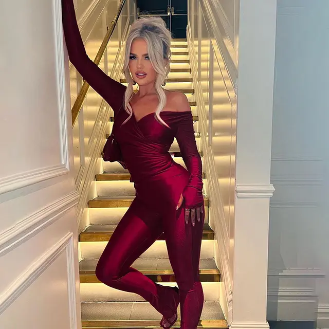 New Solid Color And V neck Finger Fit Design Long sleeved Trousers Casual Suit Women Wine Red - Shop at LoveMi