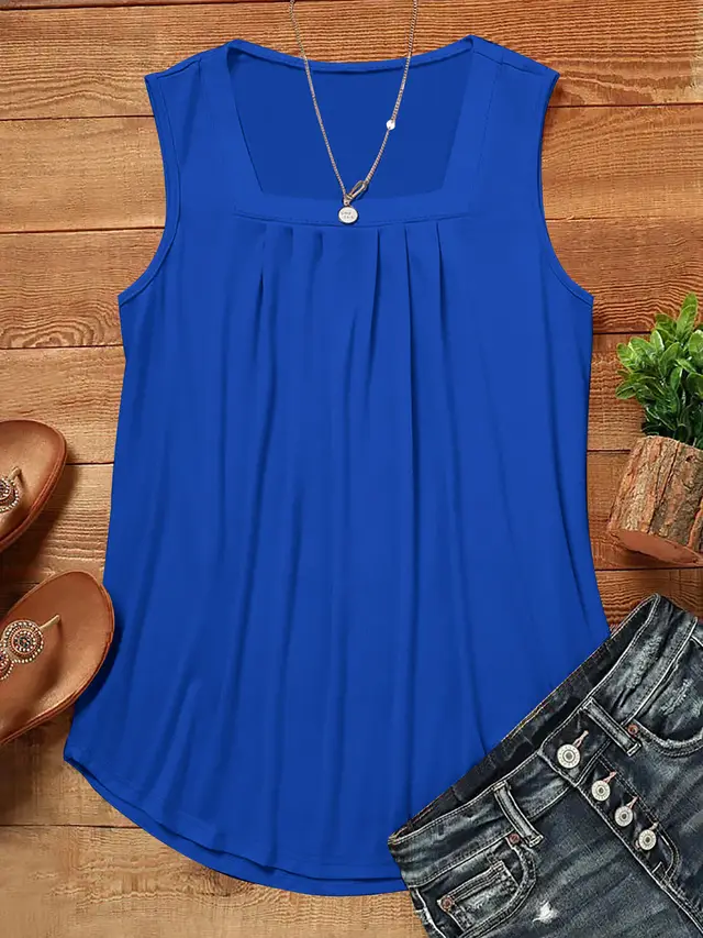 Solid Color Summer Loose Casual Pleated Square Collar Vest Top Blue - Shop at LoveMi