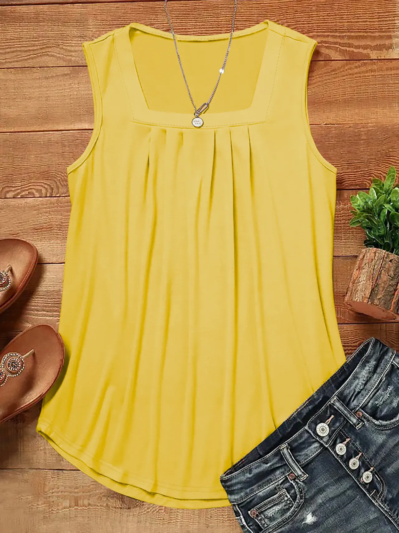 Solid Color Summer Loose Casual Pleated Square Collar Vest Top - Yellow