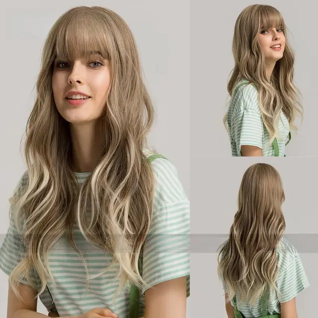 Women's Black Brown Bangs Long Curly Wig Light Gold 26Inch 255G - Shop at LoveMi