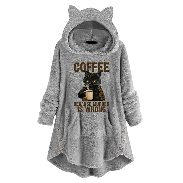 Autumn And Winter Printed Plush Hooded Pullover Cat Ears Long Sleeve Sweater Gray - Shop at LoveMi