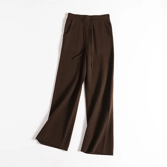 Thick Version Soft Glutinous Wool Drawstring High Waist Straight Wide Leg Pants Brown - Shop at LoveMi