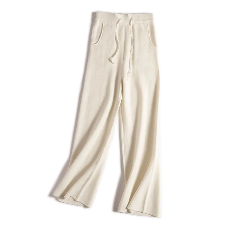 Thick Version Soft Glutinous Wool Drawstring High Waist Straight Wide Leg Pants White - Shop at LoveMi
