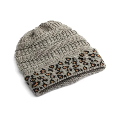 Beanie Women's Warm Leopard Print Knitted Hat Winter Grey - Shop at LoveMi