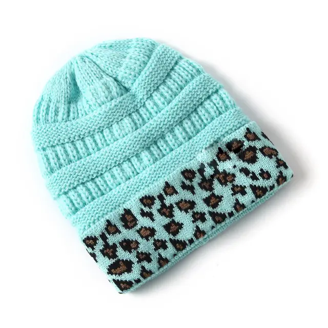 Beanie Women's Warm Leopard Print Knitted Hat Winter Sky Blue - Shop at LoveMi