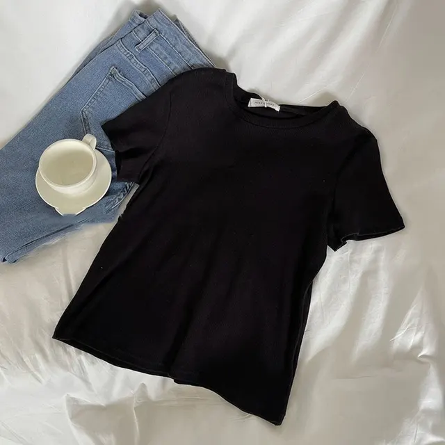 Women's Solid Color Short sleeved T shirt Slim fit Crop top Black - Shop at LoveMi