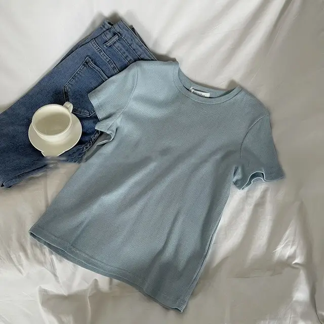 Women's Solid Color Short sleeved T shirt Slim fit Crop top Blue - Shop at LoveMi