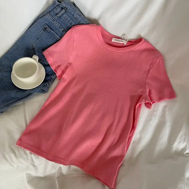 Women's Solid Color Short sleeved T shirt Slim fit Crop top Peach Red - Shop at LoveMi