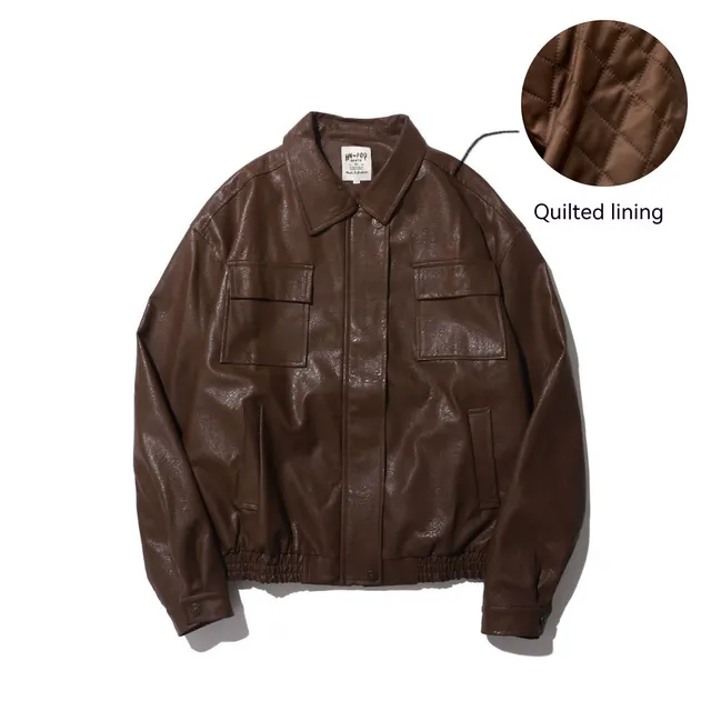 Japanese Vintage PU Motorcycle Leather Jacket Brown Cotton Clip - Shop at LoveMi