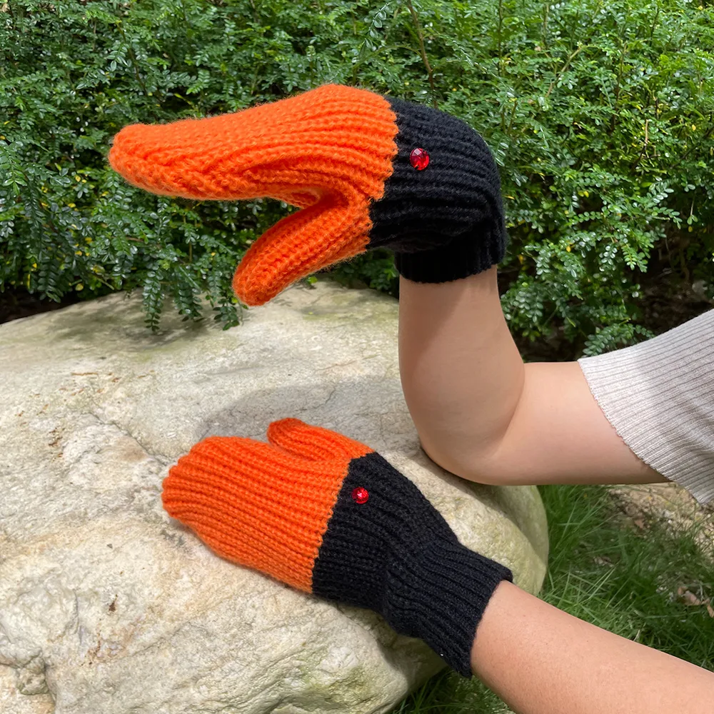 Unisex Knitted Wool Mittens Cold-proof - Orange Black Colour Matching