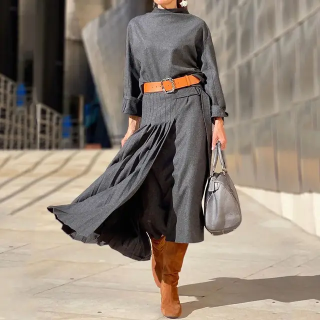 Women's Suit Autumn New Long Sleeve Loose Solid Color Dress Two piece Set Gray Excluding Belt - Shop at LoveMi