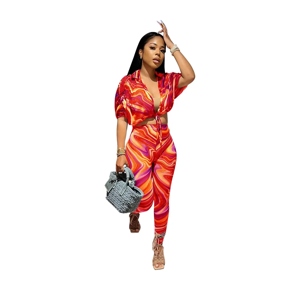 Lapel Tied Tight Waist Corrugated Printed Tapered Trousers Short Sleeve Shirt Casual Suit - Red