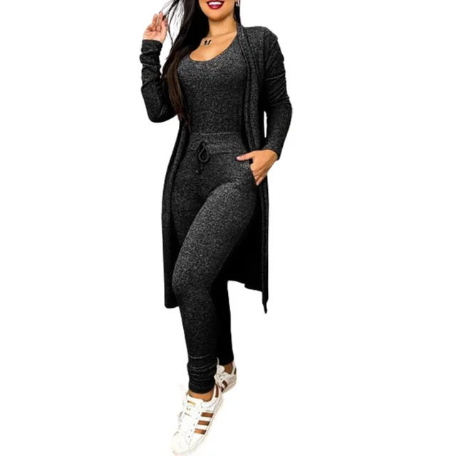 Women's Casual Suit High Waist Slip on Casual Pants Drawstring Pocket Design Jumpsuit And Cardigan Cover Black - Shop at LoveMi