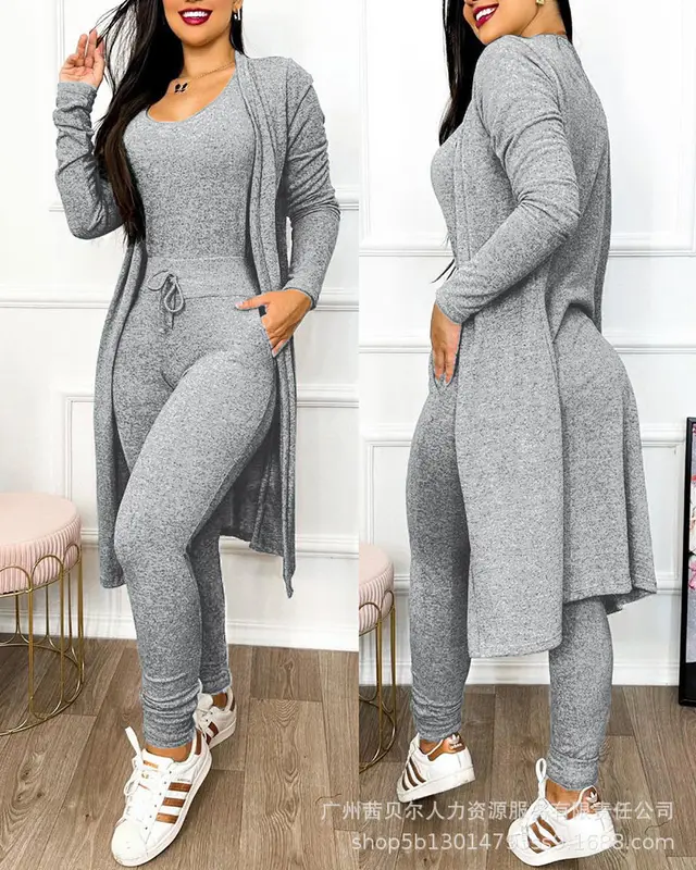 Women's Casual Suit High Waist Slip on Casual Pants Drawstring Pocket Design Jumpsuit And Cardigan Cover Light Grey - Shop at LoveMi
