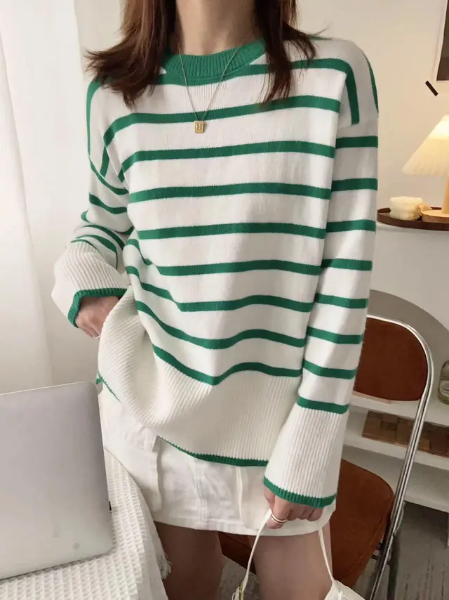 Women's Turtleneck Striped Sweater Loose Side Slit Green Round Neck - Shop at LoveMi