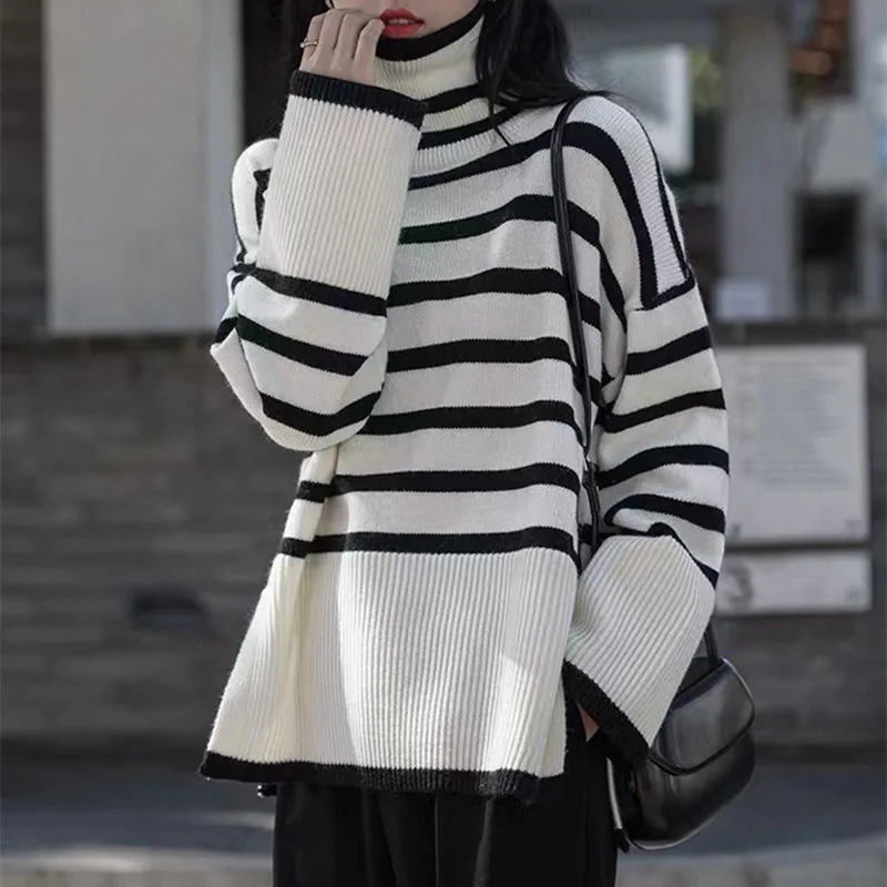 Women's Turtleneck Striped Sweater Loose Side Slit White - Shop at LoveMi