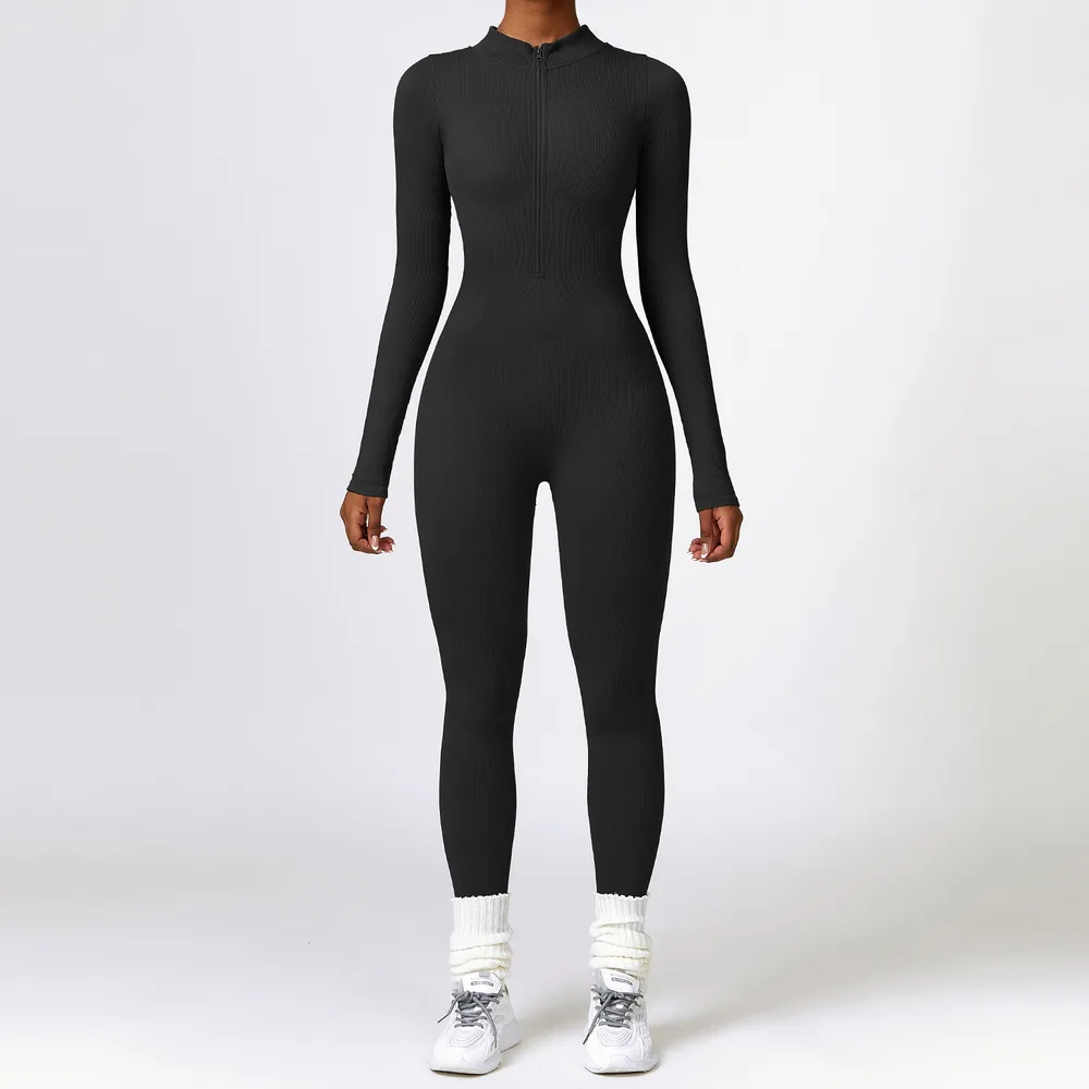 Winter Tight Long Sleeve Yoga Jumpsuit Zipper Belly Contracting High Strength Sports Black - Shop at LoveMi