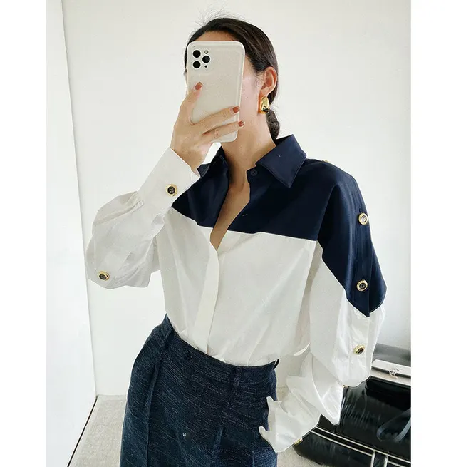 Women's French style High grade Color Matching Shirt Dark Blue White - Shop at LoveMi
