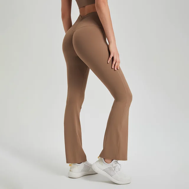 High Waist Pleated Hip Lifting Nude Feel Yoga Pants Cocoa Color - Shop at LoveMi