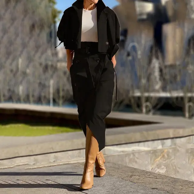 European And American Leisure Workwear Elegant Button Belt Suit Skirt Black - Shop at LoveMi