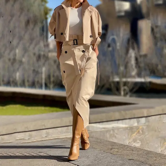 European And American Leisure Workwear Elegant Button Belt Suit Skirt Khaki - Shop at LoveMi
