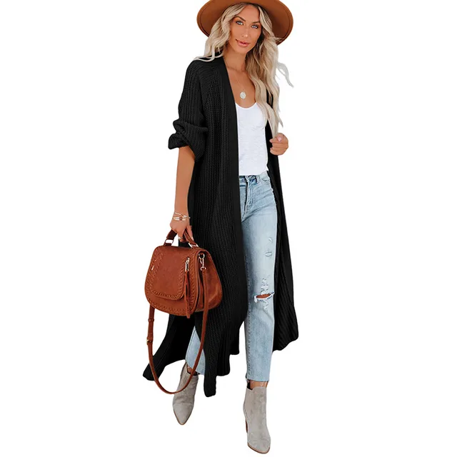 Knitted Cardigan Split Long Simple Cardigan Sweater Coat Black - Shop at LoveMi
