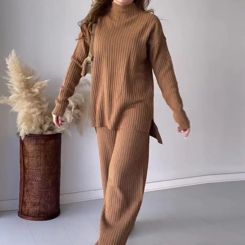 Crew Neck Casual Knitwear Wide Leg Pants Two-piece Set - Camel