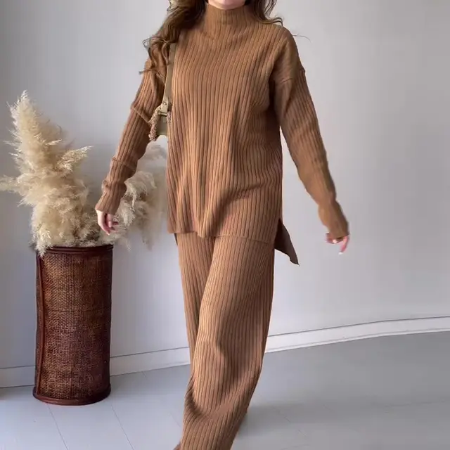 Crew Neck Casual Knitwear Wide Leg Pants Two piece Set Camel - Shop at LoveMi