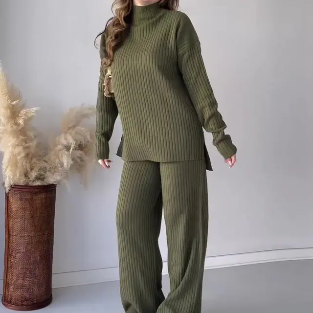 Crew Neck Casual Knitwear Wide Leg Pants Two piece Set Green - Shop at LoveMi