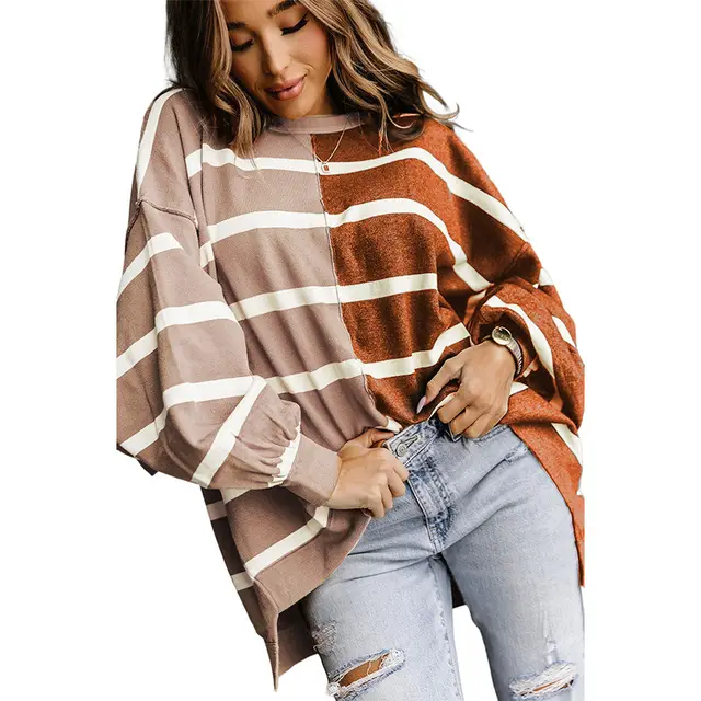 Striped Loose All match Long sleeved Pullover For Women Lc25122898 Brown - Shop at LoveMi
