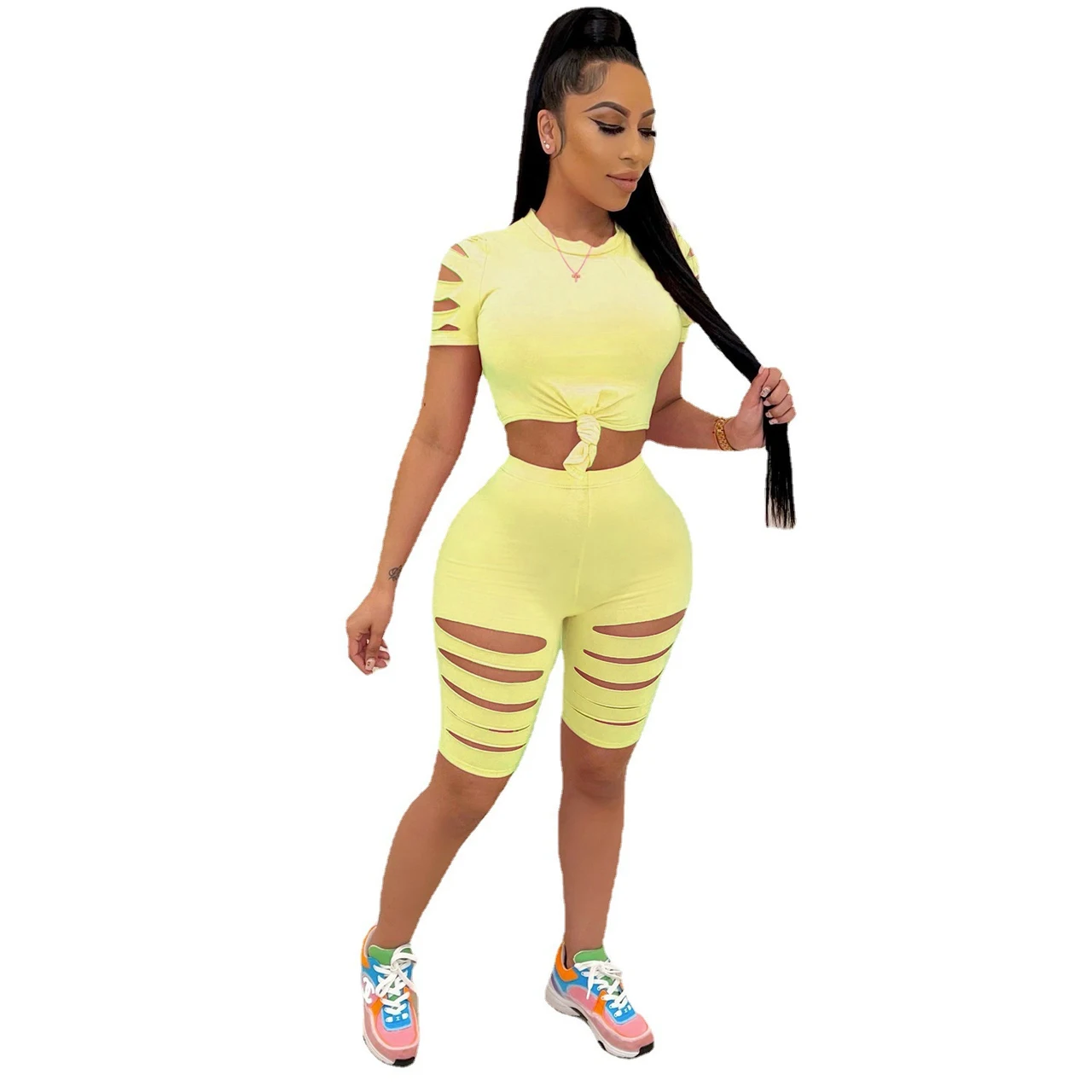 Solid Color Ripped Leisure Sports Suit - Yellow