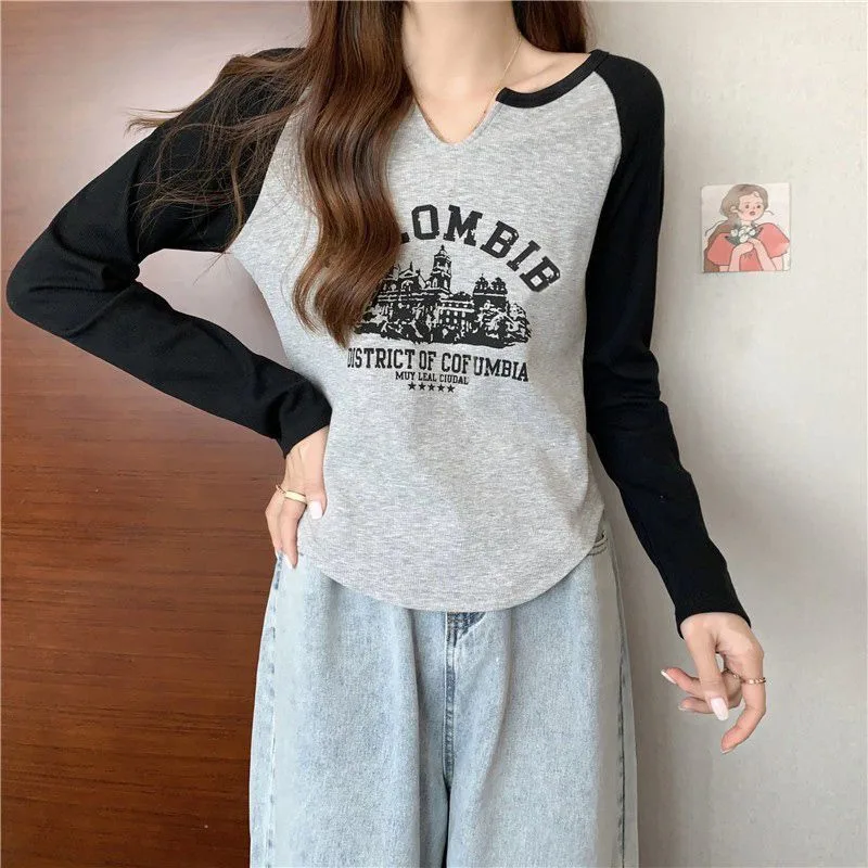 Women's Raglan Sleeve T-shirt Autumn Clothes - Gray