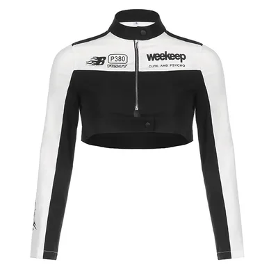 Motorcycle Color Matching Printed Zipper Short Coat For Women Black And White - Shop at LoveMi