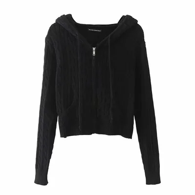 Short Spring And Autumn Hooded Twist Knitted Cardigan Coat For Women Black - Shop at LoveMi