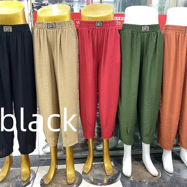 Silk And Cotton Radish Polyester Pants Mom Pants Elastic Waist With Pocket Black - Shop at LoveMi