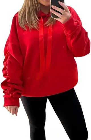 Women's Sweater Lantern Sleeve Design Loose Hooded - Red