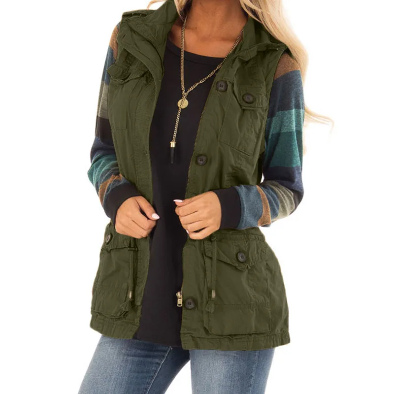 Solid Color Buttons Retro Drawstring Slim Fit Multi pocket Women's Cardigan Vest Green - Shop at LoveMi