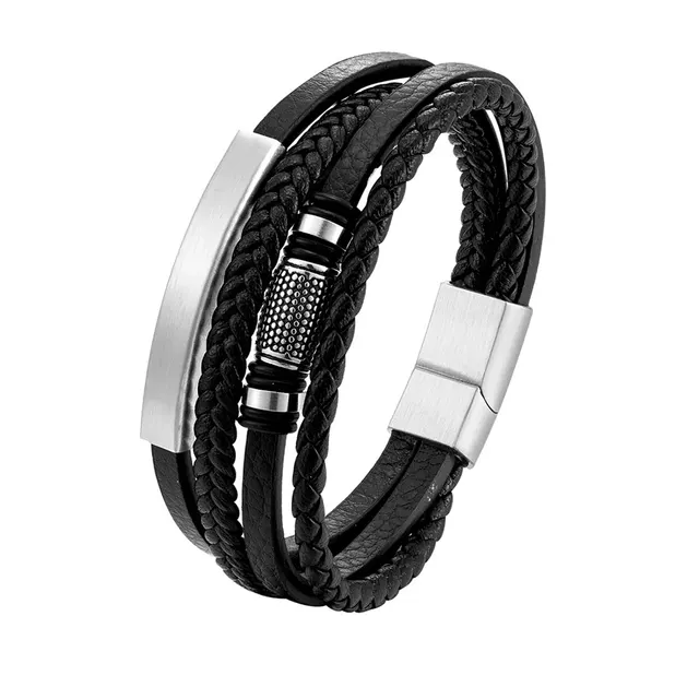 Stainless Steel Beads Men's Multilayer Leather Bracelet Steel Color - Shop at LoveMi