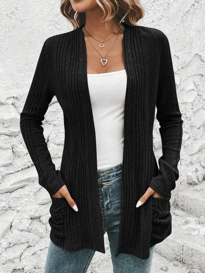 Autumn And Winter New Long Sleeve Solid Color Mid length Knitted Cardigan Pocket Coat Sweater Women Black - Shop at LoveMi