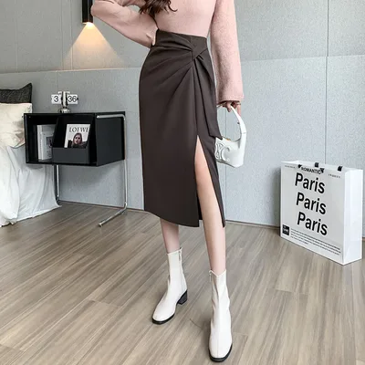 Autumn And Winter New Woolen Lace up Sexy Slit Skirt Brown - Shop at LoveMi