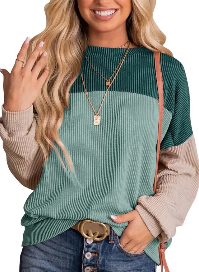 All match Color Matching Long sleeved Top Women's Loose Polyester Sweater Green - Shop at LoveMi