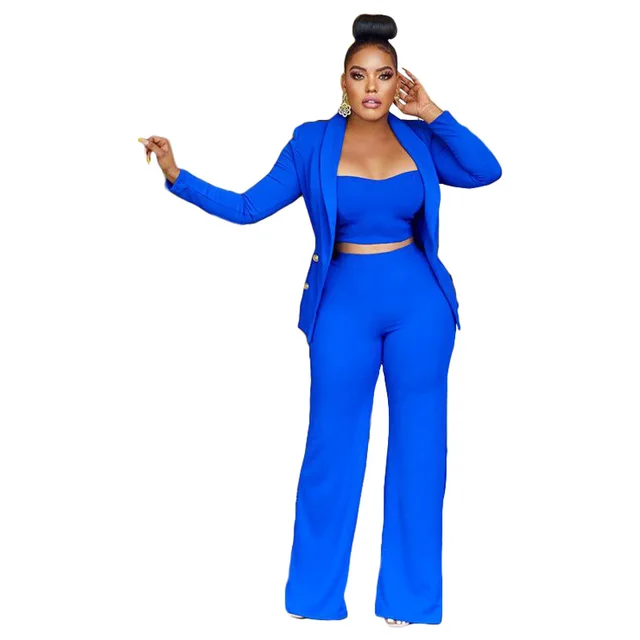Suit Jacket Vest Wide Leg Pants Three Piece Set Blue - Shop at LoveMi