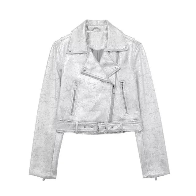 Metal Motorcycle Jacket Autumn Zipper Coat Silver - Shop at LoveMi