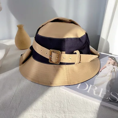 Fisherman Cotton Hat Women's Overalls Wind Bucket Hat Trench Coat Hem Khaki Black - Shop at LoveMi