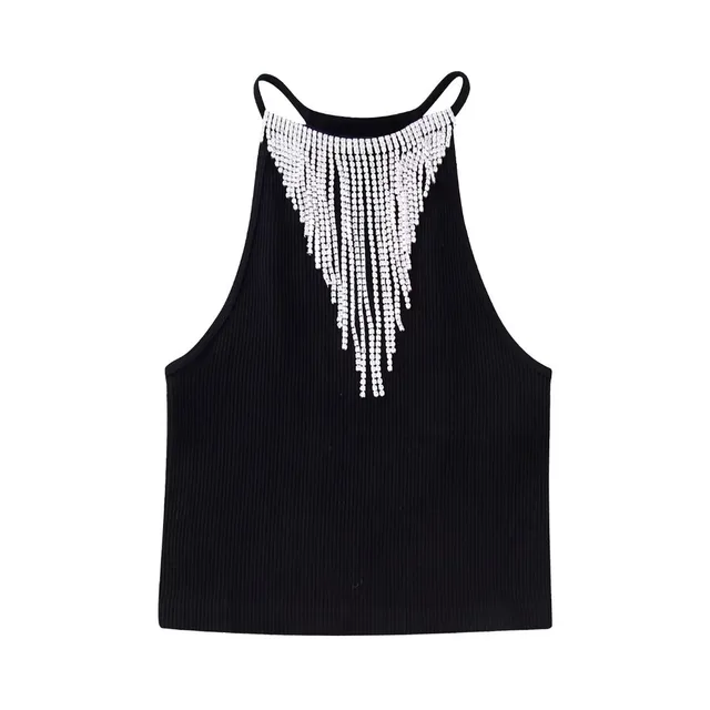 Women's Jewelry Inlaid Seamless Fabric Hanging Collar Top Black - Shop at LoveMi