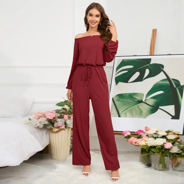 Autumn And Winter New Casual Off shoulder High Waist Lantern Sleeve Jumpsuit Red - Shop at LoveMi