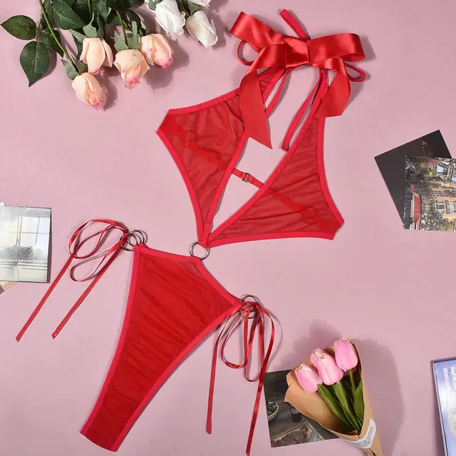 Women's Fashion Mesh Halter Cut out One piece Underwear Red - Shop at LoveMi