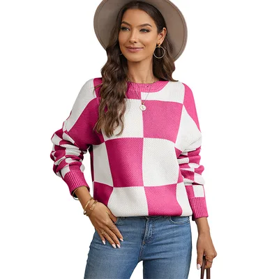 Thickened Pullover Women European And American Leisure Plaid Block Stitching Long Sleeve Sweater Women Rose Red - Shop at LoveMi