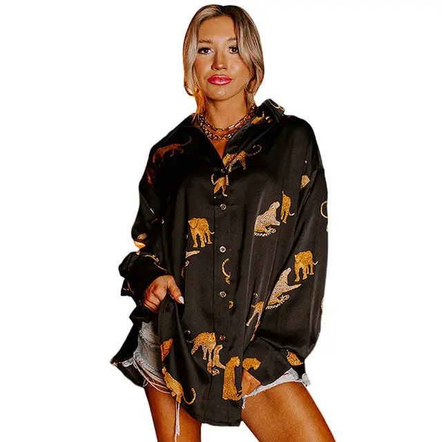 Autumn Solid Color Satin Long Sleeve Cardigan Thin Personalized Animal Print Shirt For Women Black - Shop at LoveMi